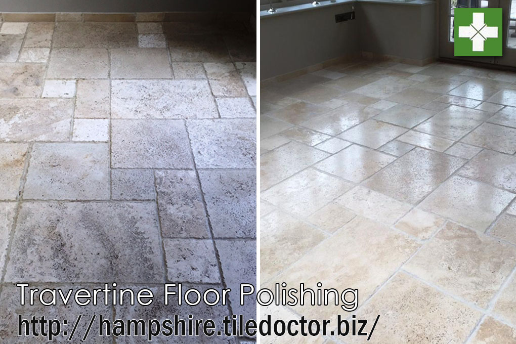 Travertine floor before and after polishing in Andover